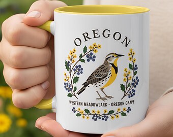 Oregon State Bird and Flower Mug | Western Meadowlark with Oregon Grape Botanical Coffee Cup