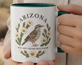 Arizona State Bird and Flower Mug | Cactus Wren Saguaro Blossom Coffee Cup