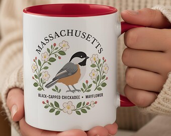 Massachusetts State Bird and Flower Mug | Chickadee with Mayflower Floral Coffee Cup