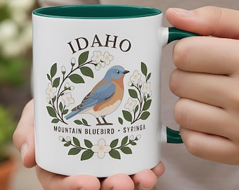 Idaho State Bird and Flower Mug | Mountain Bluebird with Syringa Botanical Coffee Cup
