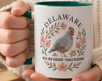 Delaware State Bird and Flower Mug | Blue Hen Chicken with Peach Blossoms Coffee Cup