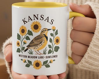Kansas State Bird and Flower Mug | Western Meadowlark with Sunflowers Coffee Cup