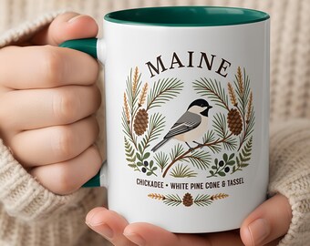 Maine State Bird and Flower Mug | Chickadee with White Pine Botanical Coffee Cup