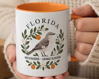 Florida State Bird and Flower Mug | Mockingbird with Orange Blossoms Botanical Coffee Cup