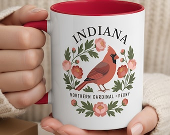 Indiana State Bird and Flower Mug | Cardinal with Peonies Botanical Coffee Cup