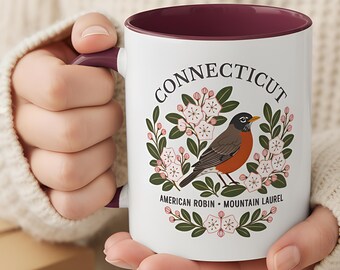 Connecticut State Bird and Flower Mug | American Robin with Mountain Laurel Botanical Coffee Cup