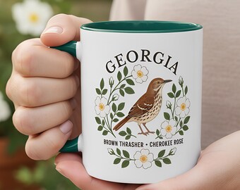Georgia State Bird and Flower Mug | Songbird with Cherokee Rose Botanical Coffee Cup