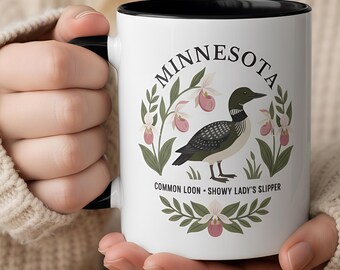 Minnesota State Bird and Flower Mug | Common Loon with Lady's Slipper Coffee Cup