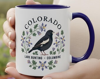 Colorado State Bird and Flower Mug | Lark Bunting with Columbine Floral Coffee Cup