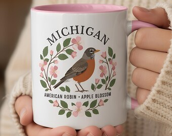 Michigan State Bird and Flower Mug | American Robin with Apple Blossoms Coffee Cup