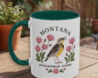 Montana State Bird and Flower Mug | Western Meadowlark with Bitterroot Botanical Coffee Cup