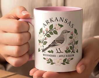 Arkansas State Bird and Flower Mug | Mockingbird Apple Blossom Coffee Cup