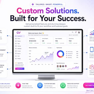 以下が含まれることがあります： Custom Solutions. Built for Your Success.というテキストが表示されたビジネスダッシュボードのコンピューターモニター。インターフェースには、クライアントポータル、タスク管理、請求、リアルタイム分析、モバイルアクセス、チームコラボレーションのセクションが含まれています。