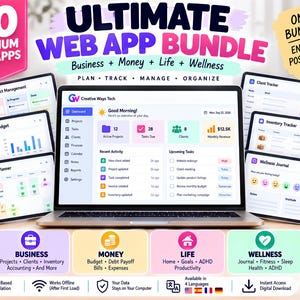 Op de afbeelding: Een digitale productweergave van de Ultimate Web App Bundle met 20 premium web-apps voor business, geld, leven en welzijn. De afbeelding toont een laptopscherm met een dashboard, diverse app-interfaces en tekstlabels voor het plannen, volgen, beheren en organiseren van taken.