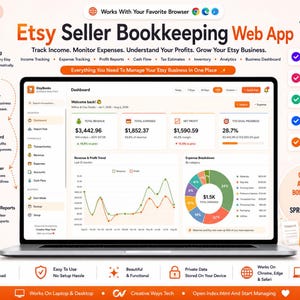 May include: A digital bookkeeping web app interface for Etsy sellers displayed on a laptop screen. The dashboard shows financial metrics, revenue and profit trend line graphs, and an expense breakdown pie chart. Text includes Etsy Seller Bookkeeping Web App, Track Income, Monitor Expenses, Understand Your Profits, Grow Your Etsy Business, and various feature labels like Income Tracking, Expense Manager, Profit Dashboard, Tax Center, and Business Reports.