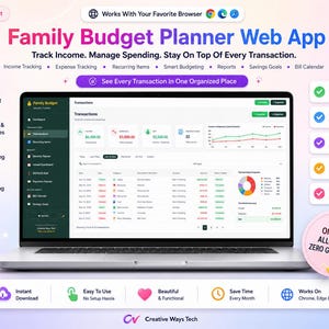 May include: A laptop displaying a Family Budget Planner Web App interface with transaction lists, charts, and financial summaries. The screen shows categories like Income, Expenses, and Savings Goals. A pink circular badge reads ONE APP ALL MONEY ZERO GUESSWORK.