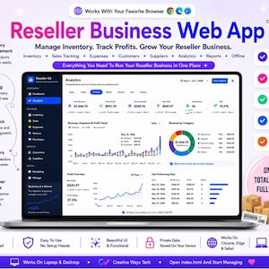 Può includere: Una pubblicità di prodotto digitale per una web app di rivendita con lo schermo di un portatile che mostra una dashboard analitica con grafici, ricavi e dati di profitto. L'interfaccia include strumenti per la gestione di inventario e vendite.