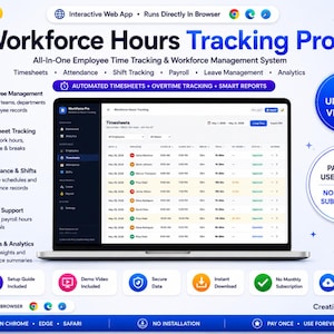 Może przedstawiać: Produkt cyfrowy Workforce Hours Tracking Pro, interaktywna aplikacja internetowa. Ekran pokazuje pulpit nawigacyjny z arkuszami czasu pracy, danymi pracowników, kolumnami dat, nazwisk, godzin i statusów. Zawiera automatyczne raporty i obsługę płac.