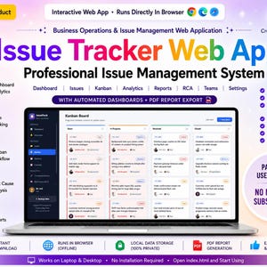 Può includere: Una pubblicità di prodotto digitale per una web app di tracciamento problemi. La grafica mostra un portatile con un'interfaccia a bacheca Kanban, circondato da testo che descrive funzionalità come analisi e report in formato PDF.