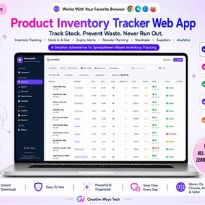 May include: A digital product interface for a Product Inventory Tracker Web App displayed on a laptop screen. The dashboard shows columns for product, category, cost, price, stock, and status. Features include inventory tracking, stock in and out, expiry alerts, reorder planning, stocktake, suppliers, and analytics. The interface is compatible with Chrome, Edge, and Safari browsers.