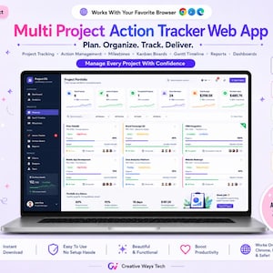 Könnte beinhalten: Ein Laptop-Bildschirm zeigt die Benutzeroberfläche einer Web-App zur Verfolgung mehrerer Projekte mit Portfolio-Metriken, Aufgabenverwaltung, Kanban-Boards und Gantt-Zeitplänen. Das Dashboard enthält Datenvisualisierungen und Fortschrittsbalken.