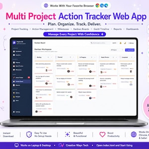 Puede incluir: Un ordenador portátil que muestra la interfaz de una aplicación web de seguimiento de proyectos múltiples con un tablero Kanban, columnas de gestión y tarjetas de tareas. La pantalla muestra seguimiento, hitos y paneles de control.