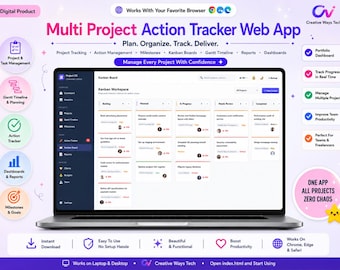 Puede incluir: Un ordenador portátil que muestra la interfaz de una aplicación web de seguimiento de proyectos múltiples con un tablero Kanban, funciones de gestión de proyectos y listas de tareas. La pantalla muestra columnas para backlog, planificación y progreso.