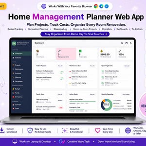 May include: A laptop displaying the Home Management Planner web app dashboard. The interface features sections for active projects, maintenance alerts, pending tasks, and monthly spending. The screen includes text labels for renovation planning, budget tracking, and cleaning logs, with a sidebar navigation menu.