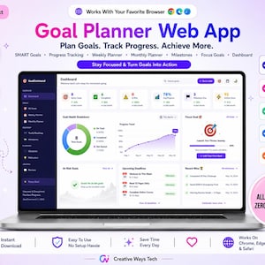 May include: A laptop displaying the Goal Planner Web App dashboard with charts, progress tracking, and goal lists. The interface features a dark sidebar and light main area. Text includes Goal Planner Web App, Plan Goals, Track Progress, Achieve More.