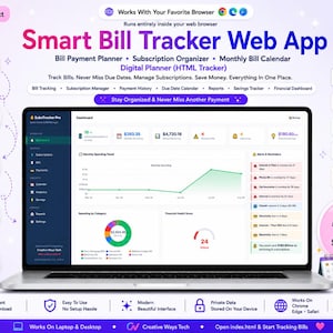 Könnte beinhalten: Eine Smart Bill Tracker Web-App auf einem Laptop-Bildschirm mit einem Dashboard, das Finanzdiagramme, Ausgabentrends und Zahlungsbenachrichtigungen anzeigt. Die Benutzeroberfläche umfasst Bereiche für Rechnungsverfolgung und Abonnements.