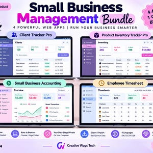 Pode incluir: Um pacote digital de gestão de pequenas empresas com quatro aplicações web: Client Tracker Pro, Product Inventory Tracker Pro, Small Business Accounting e Employee Timesheet. O ecrã mostra interfaces em quatro computadores.