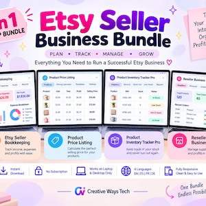 Op de afbeelding: Een 4-in-1 Etsy-verkoper businessbundel met vier web-app-interfaces op laptopschermen: boekhouding, prijslijsten, voorraadbeheer en wederverkoop. Bevat tekstlabels voor het plannen, volgen, beheren en laten groeien van een zakelijke onderneming.