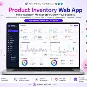 Könnte beinhalten: Eine digitale Produktwerbung für eine Web-App zur Warenwirtschaft, die einen Laptop mit einem Dashboard voller Diagramme, Grafiken und Kennzahlen zeigt. Die Benutzeroberfläche umfasst Funktionen zur Bestandsverfolgung und Verkaufsüberwachung.