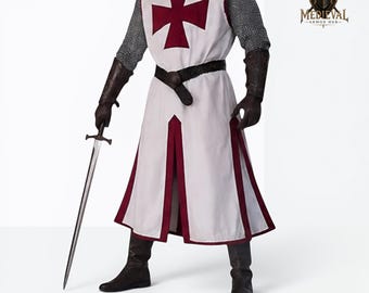 Medieval Templar Knight Tunic ~ Handcrafted Crusader LARP, Cosplay Tunic Costume | Renaissance Dress