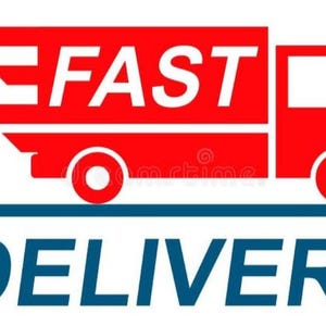 May include: A red graphic icon of a delivery truck moving to the right with horizontal motion lines behind it. The word FAST is printed in white inside the truck body. Below the truck is a dark blue horizontal line and the word DELIVERY.