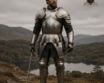 Disfraz de armadura completa de acero con adornos de latón de caballero medieval ~ Coraza de guerrero fantástico, puñal, armadura para piernas / LARP, cosplay y recreación histórica
