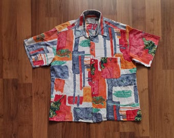 Vintage 90er Jahre Hombre Abstrakt Print Shirt | Größe L | Mehrfarbig | Frottee Baumwolle Retro Streetwear