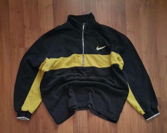 Vintage 90s Nike Quarter Zip Logo Sweatshirt | Size L | Black Yellow | Cotton Retro Streetwear Sportswear