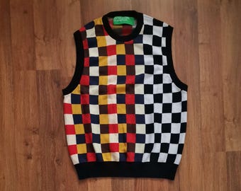 Vintage United Colors of Benetton Color Block Bunte Weste Pullover | Größe XL | Mehrfarbig | Baumwolle Retro Streetwear