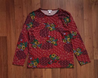 Blusa vintage de los 90 de Orinoco con estampado floral para mujer / Talla L / Rojo/Multicolor / Algodón