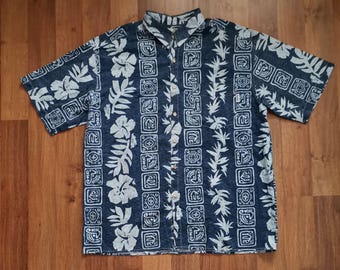 Camisa hawaiana vintage de los 90 de Honolua Surf con estampado floral / Talla XL / Azul / Algodón