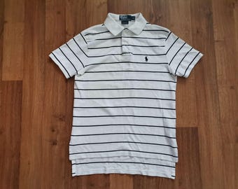 Vintage 90s Polo Ralph Lauren Logo Striped Polo TShirt | Size S | White Black | Cotton Retro Streetwear Old Money