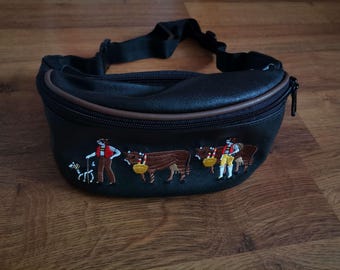 Vintage Leather Farm Embroidery Waist Bag | One Size | Black | Quality Leather