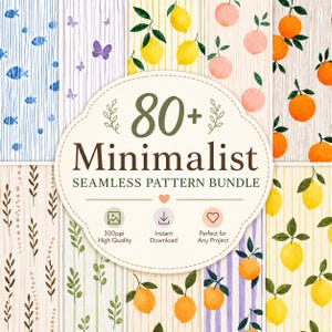 May include: A selection of minimalist seamless patterns showcasing designs such as fish, butterflies, lemons, oranges, and leaves. The patterns are set against a light backdrop. The image includes the text "80+ Minimalist Seamless Pattern Bundle."