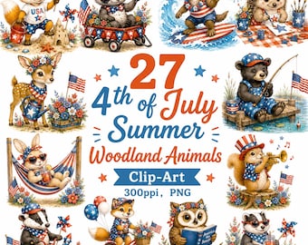 Images clipart animaux de la forêt du 4 juillet, sublimation PNG d'été patriotique (téléchargement numérique)