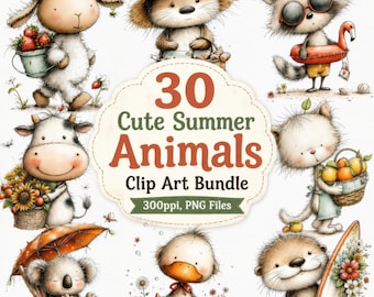 Bundle d'art aquarelle animaux de l'été, images PNG fantaisistes (usage commercial)