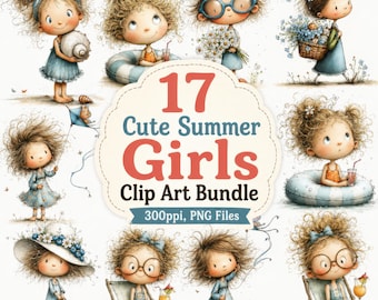 Bundle d'art clip aquarelle filles d'été, motifs de plage fantaisistes (téléchargement numérique)