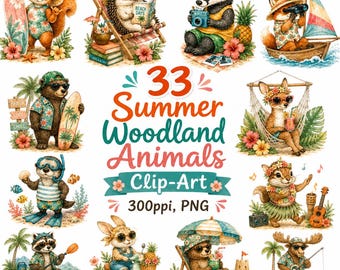 Images clipart animaux de la forêt d'été, aquarelle de plage tropicale PNG (téléchargement numérique)