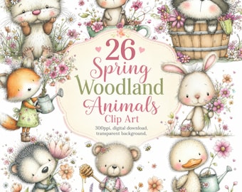 Images clipart printemps animaux de la forêt, bébés créatures de la forêt aquarelles (téléchargement numérique)