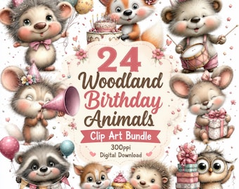 Lot de 24 images clipart animaux d'anniversaire de la forêt, 24 illustrations PNG (téléchargement numérique)